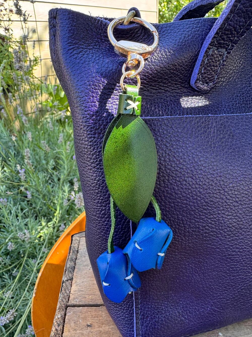 Genuine Leather Blue Tulip Bag Charm Tulip Spring Blue Flower Leather Charm